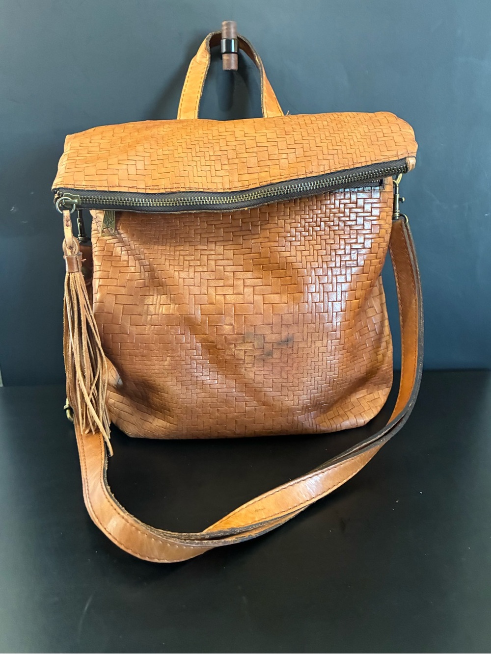 Patricia Nash Woven Leather Foldover Crossbody in Tan